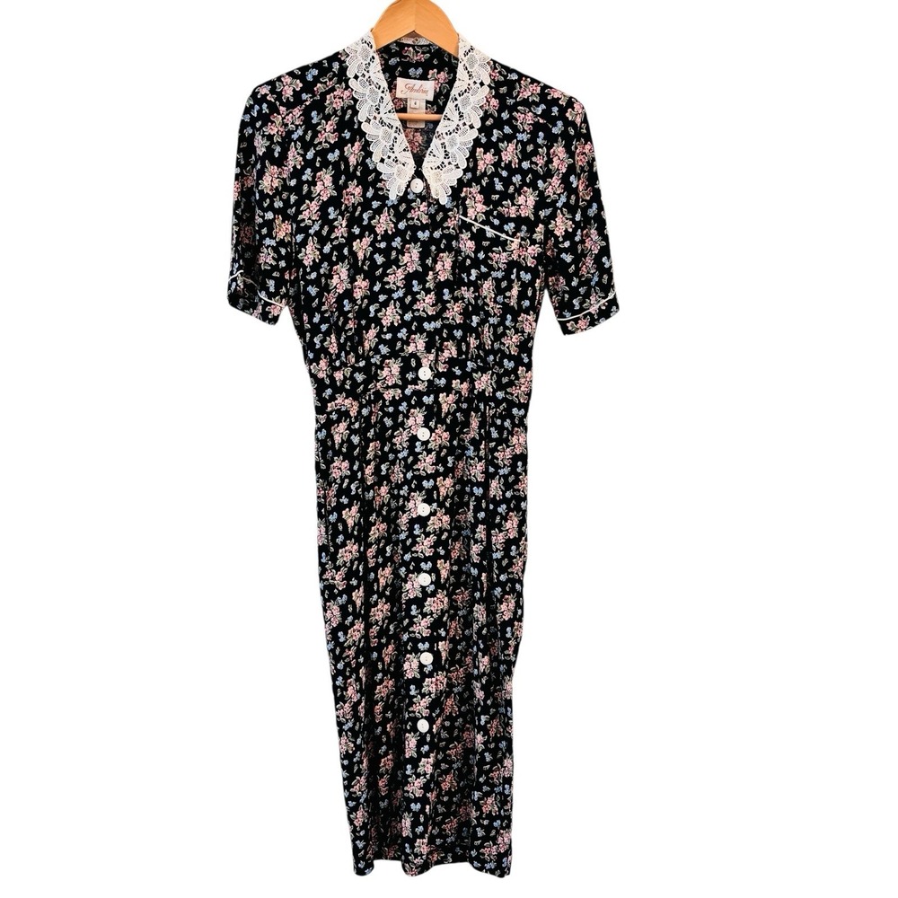 Vintage 90s Ambria Womens‎ Dress Sz 6 Floral Grunge Lace Collar Button Up Phoebe